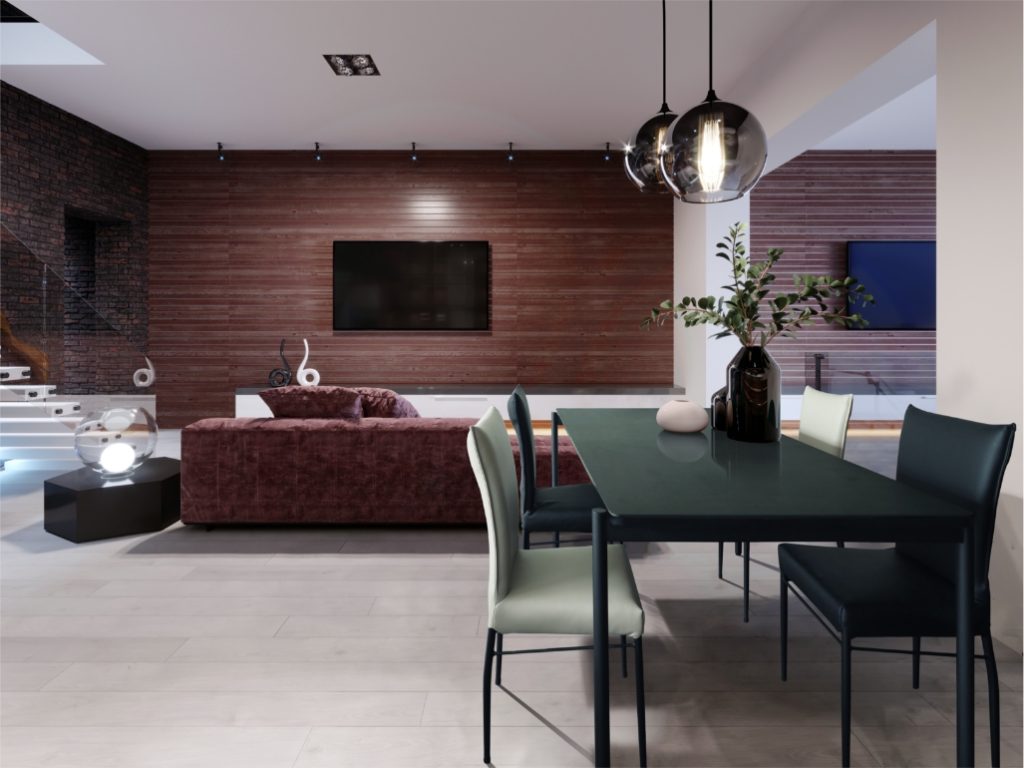 大人数用のダイニングテーブルをリビングに置いている様子