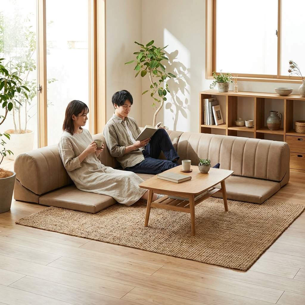 リビングにフロアソファの上で二人で座っている様子